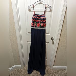 Dygarni Formal Floral And Navy Blue Dress With Rhinestones. Size Medium